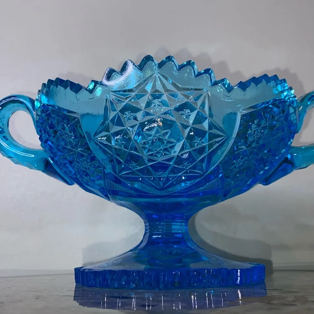 Vintage 1970s Kemple Wheaton Blue Glass Star Sawtooth Edge Handled Pedestal Bowl